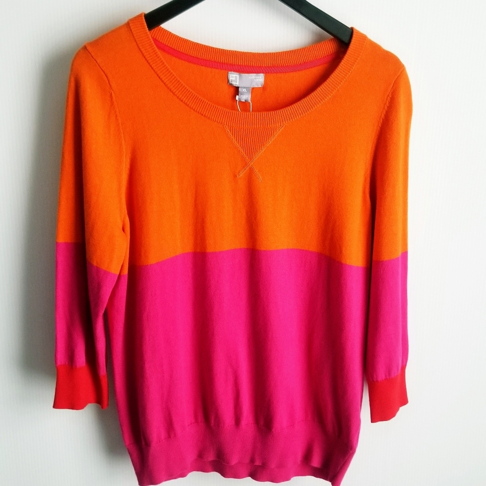Jcpenney Crewneck Sweater Colorblock Striped Cashmere Blend Orange Pink XL NWT